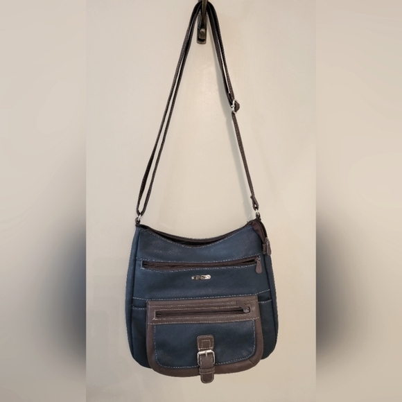 Multi sac flare crossbody bag in chocolate brown and indigo - Picture 1 of 9